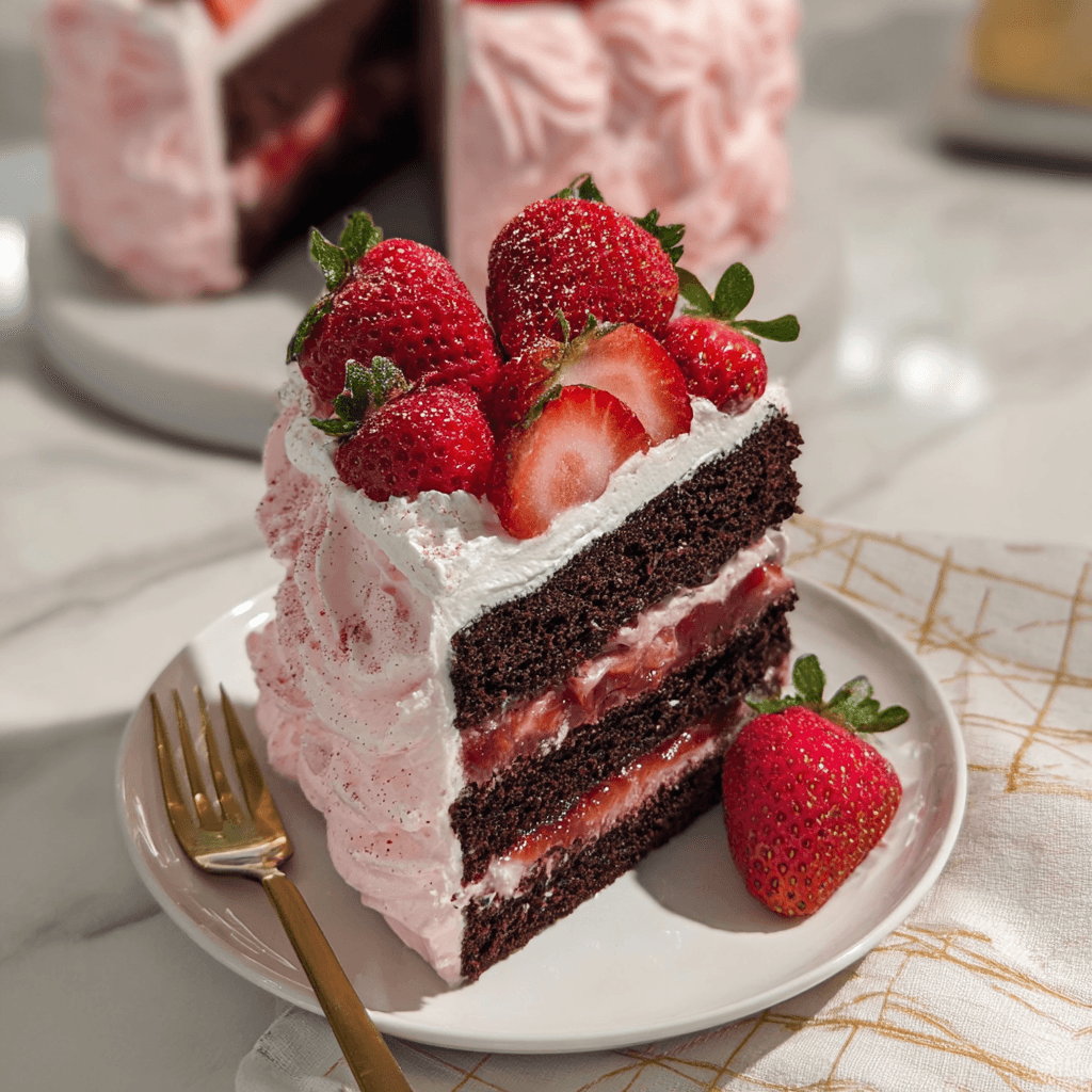 Strawberry Chocolate Cake With Fluffy Pink Frosting Strawberry Chocolate Cake