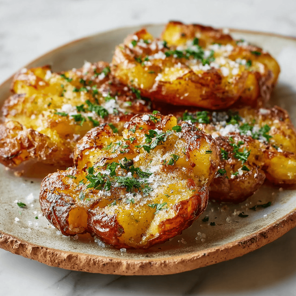 Potato Side Dishes Easy Crispy A pile of golden crispy parmesan smashed potatoes with garlic butter and fresh parsley on parchment paper showing caramelized craggy edges and a nutty parmesan crust on every surface.